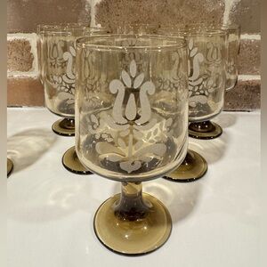 Pfaltzgraff Vintage Smoked Brown Floral Etched Glasses
